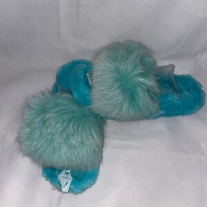 Teal Faux Fur Slide Slippers